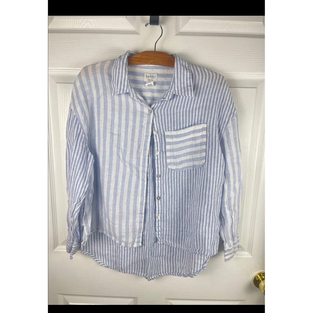 Nicole Miller Linen Blue White Stripe Button Shirt. coastal grandma preppy Beach